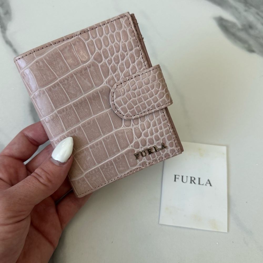 FURLA Baby Pink Croc-Embossed Leather Wallet – Genuine Leather, Button Closure